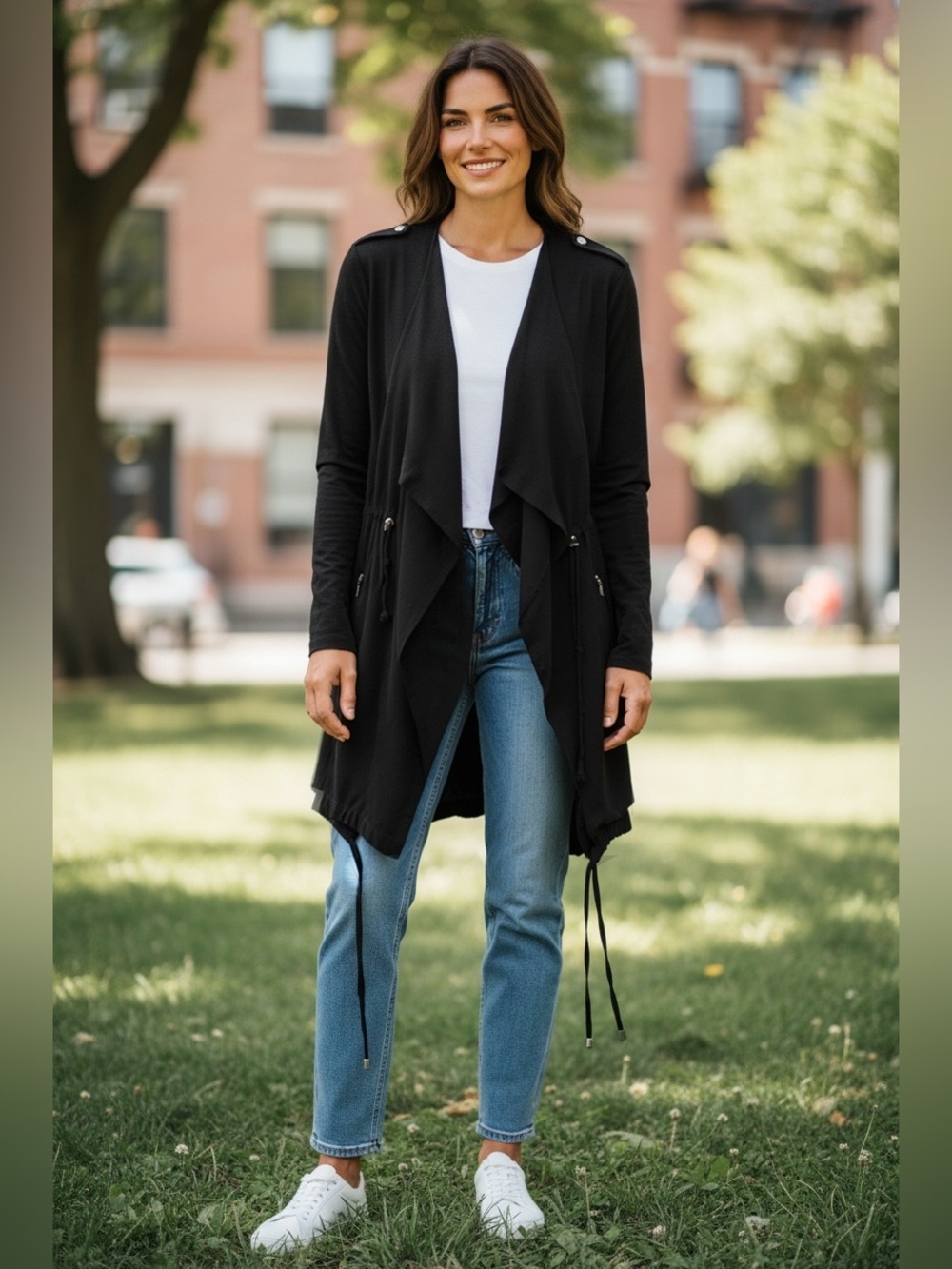 Yest Black Waterfall Open Front Draped Drawstring Cinched Jacket Duster Coat | L